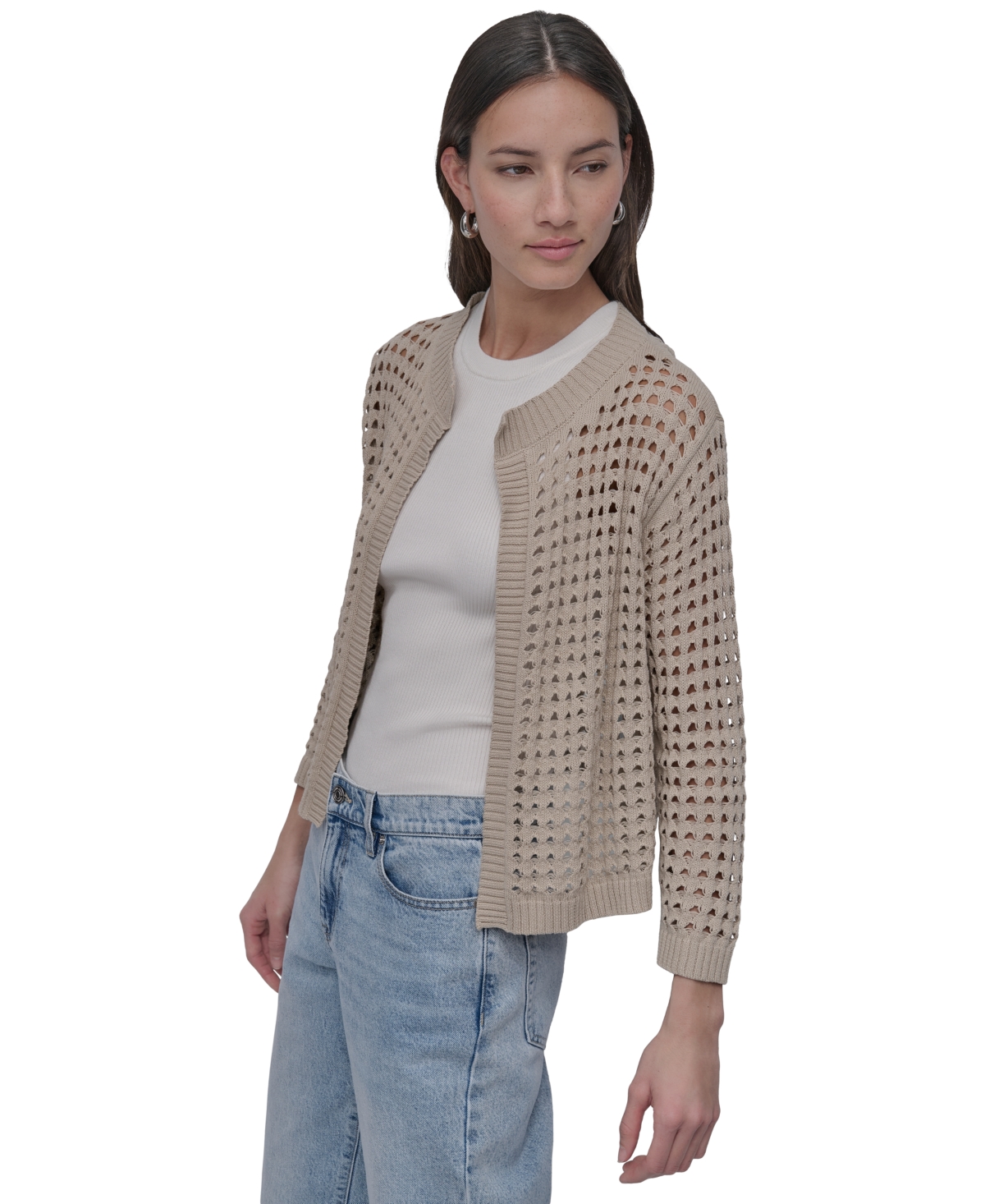 DKNY JEANS PETITE COTTON OPEN-STITCH LONG-SLEEVE CARDIGAN 