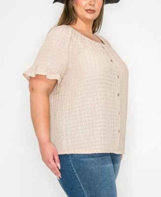 Plus Size Eyelet Jersey Button Front Ruffle Sleeve Peasant Top