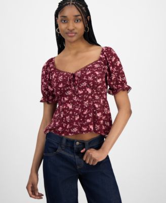Planet Heart - Juniors' Sweetheart-Neck Puff-Sleeve Top