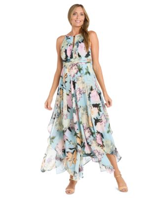 Women's Floral Keyhole Handkerchief-Hem Maxi Dress