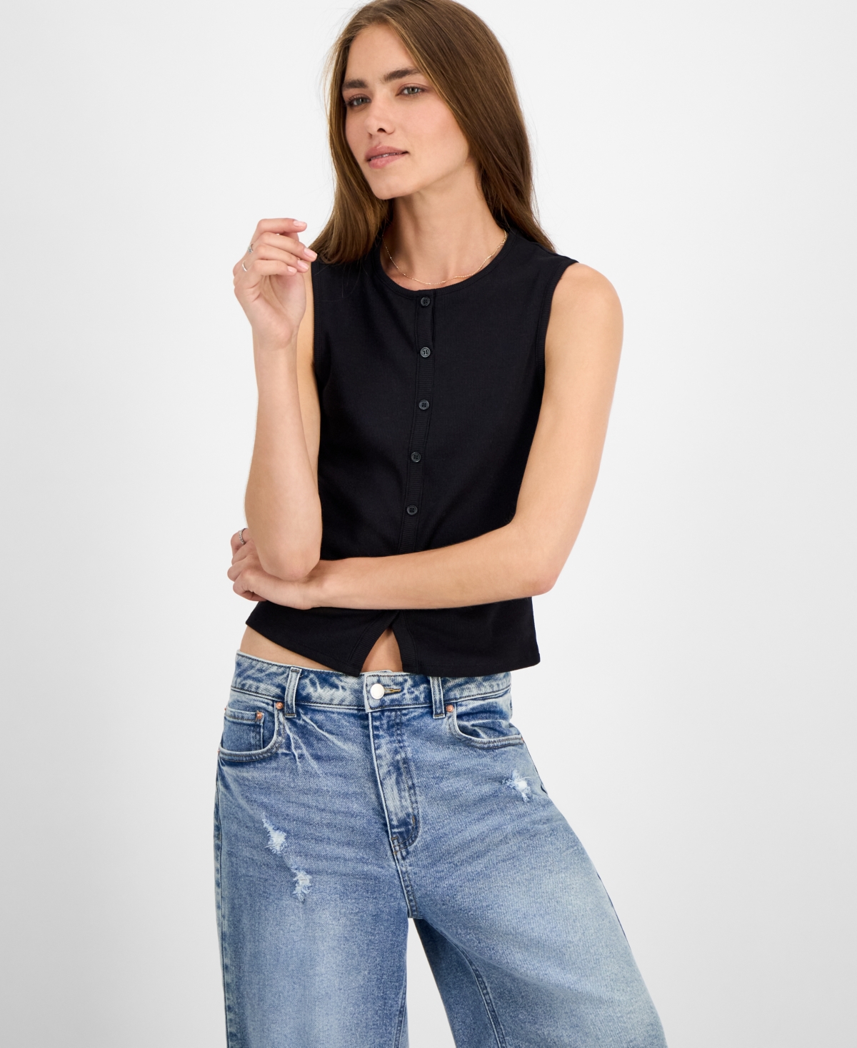 Juniors' Faux Button-Front Tank - Ivory/Black Stripe