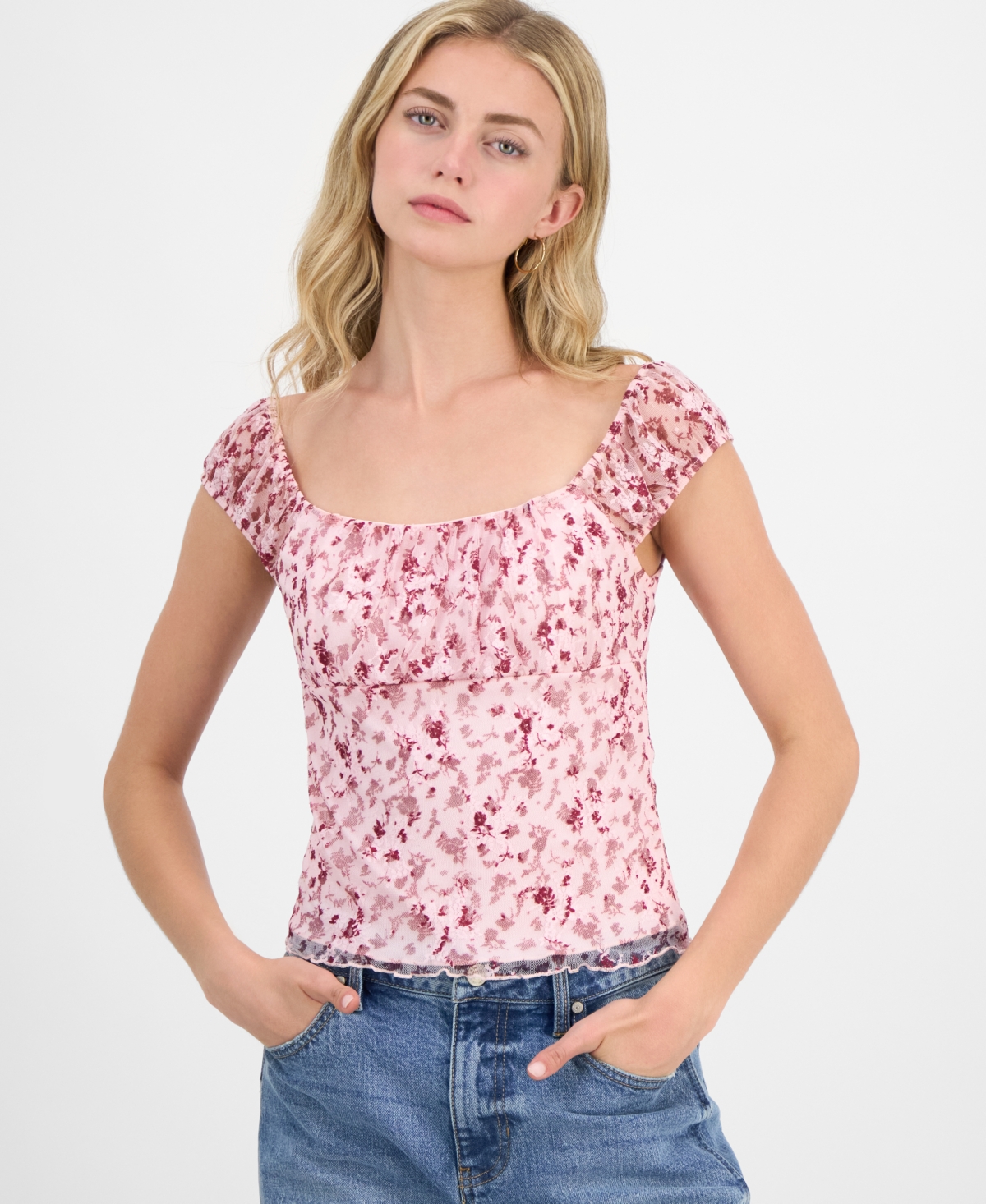 Juniors' Floral Printed Lace Cap-Sleeve Top - Rose Combo