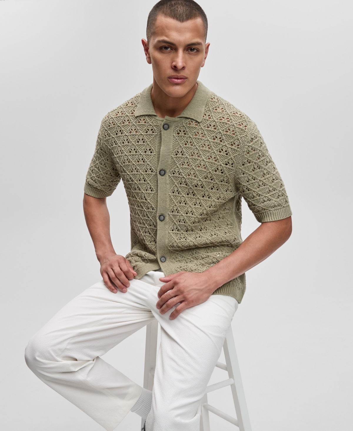 Hugo Boss Men's Sommp Short Sleeve Knitted Textured Button-front Shirt In Green