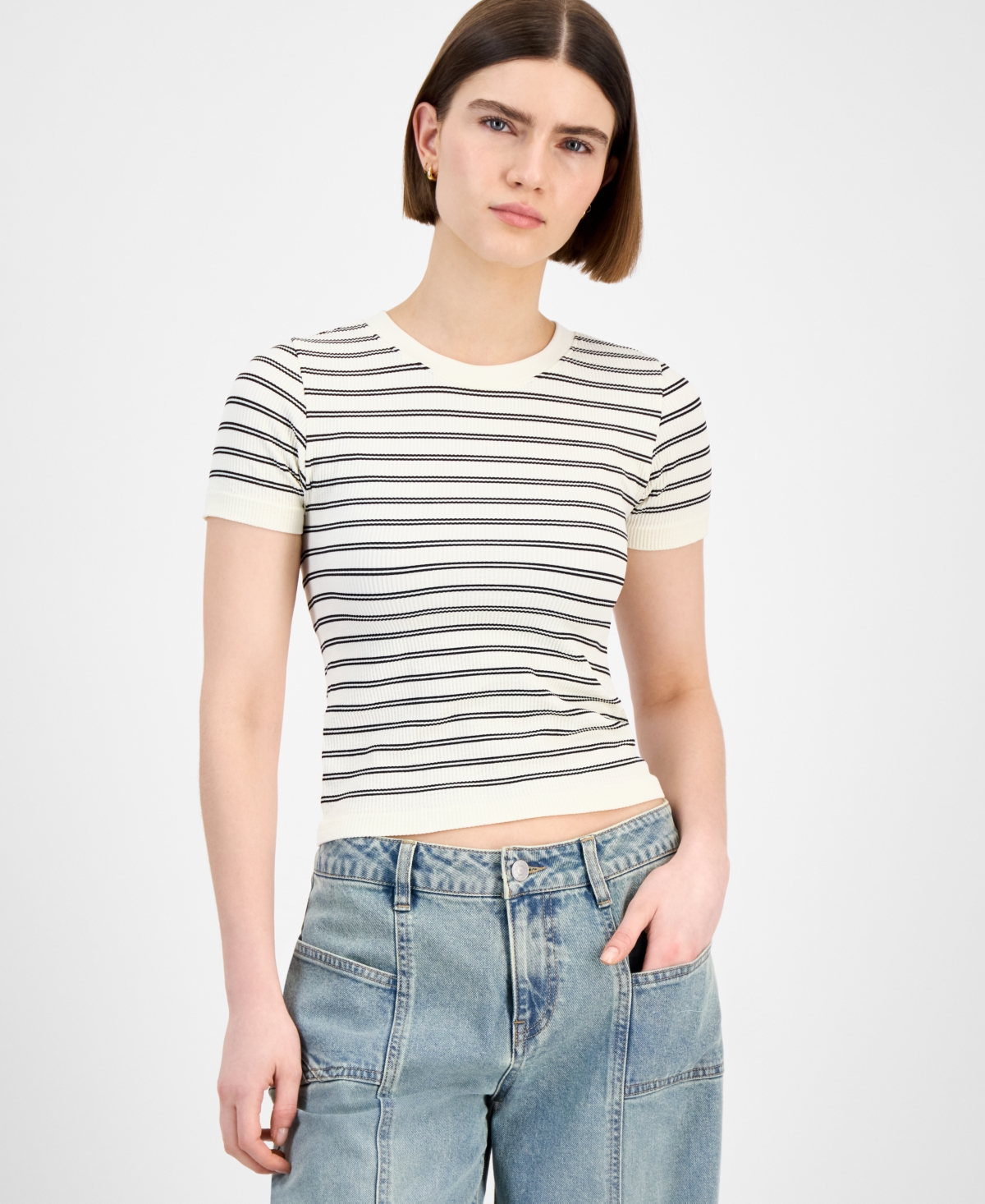 Juniors' Seamless Crewneck Ribbed Tee - Wht/blk Cmb