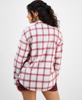 Juniors' Girlfriend Frayed-Hem Plaid Shirt