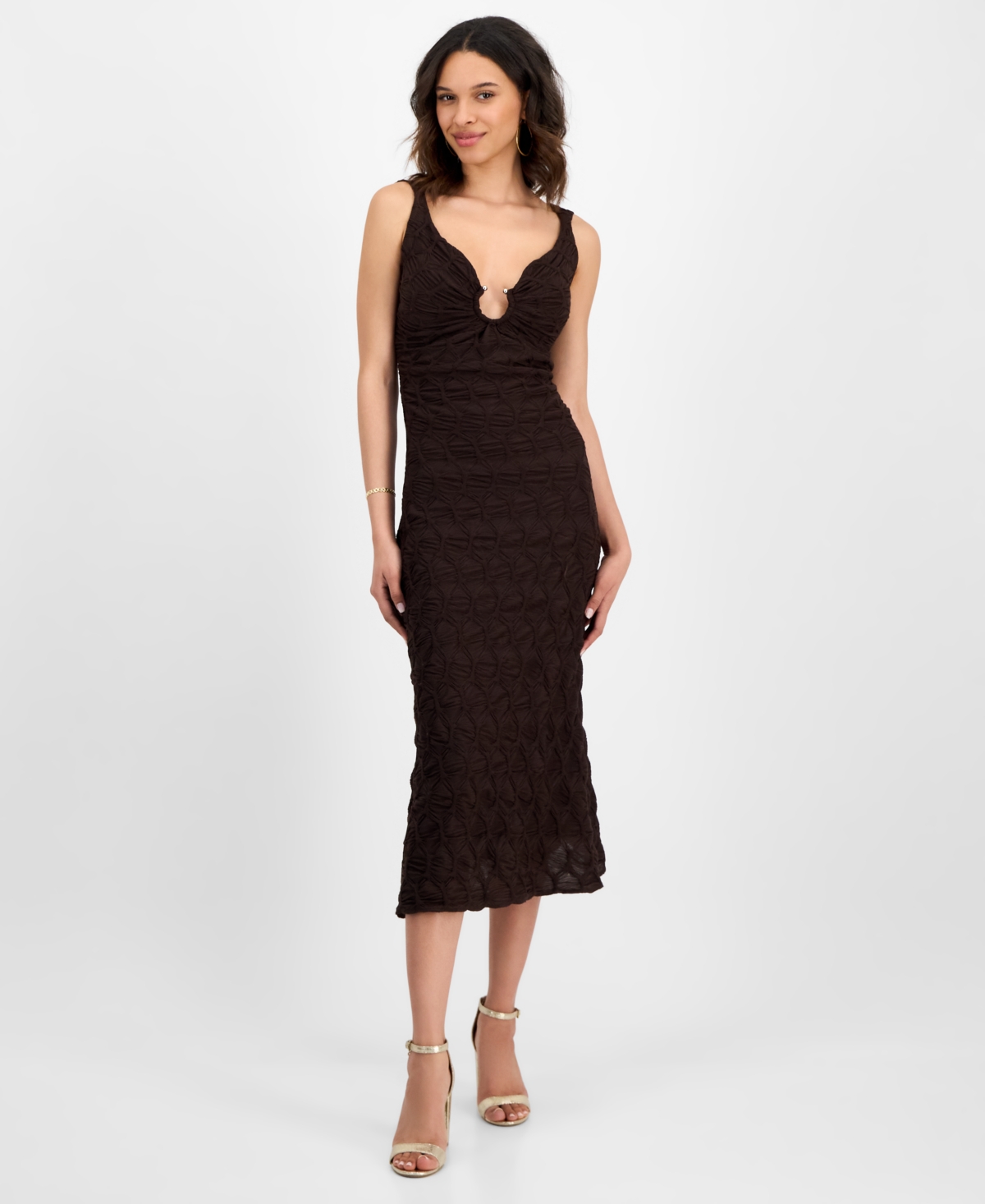 Women's Textured Knit Plunge-Neck Scoop-Back Dress - Chocolate
