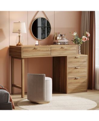 Modern Vanity Desk with Storage,Makeup Vanity Desk with 5 Drawers,(Without Mirror), Walnut Brown