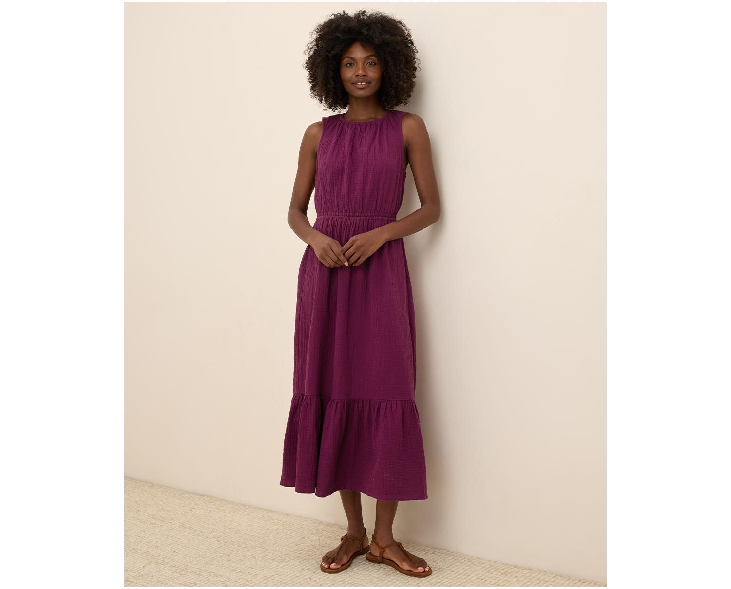Women's Organic Cotton Coastal Double Gauze Tiered Midi Dress