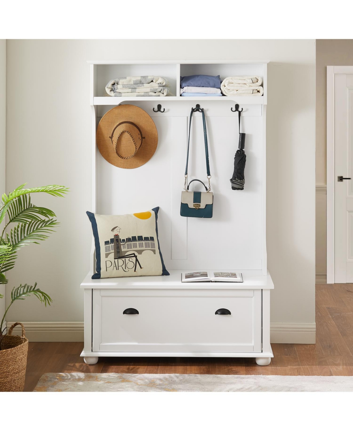 Modern Hall Tree with Shoe Rack, Coat Hooks, and Open Shelves - 40" W x 64" H - White