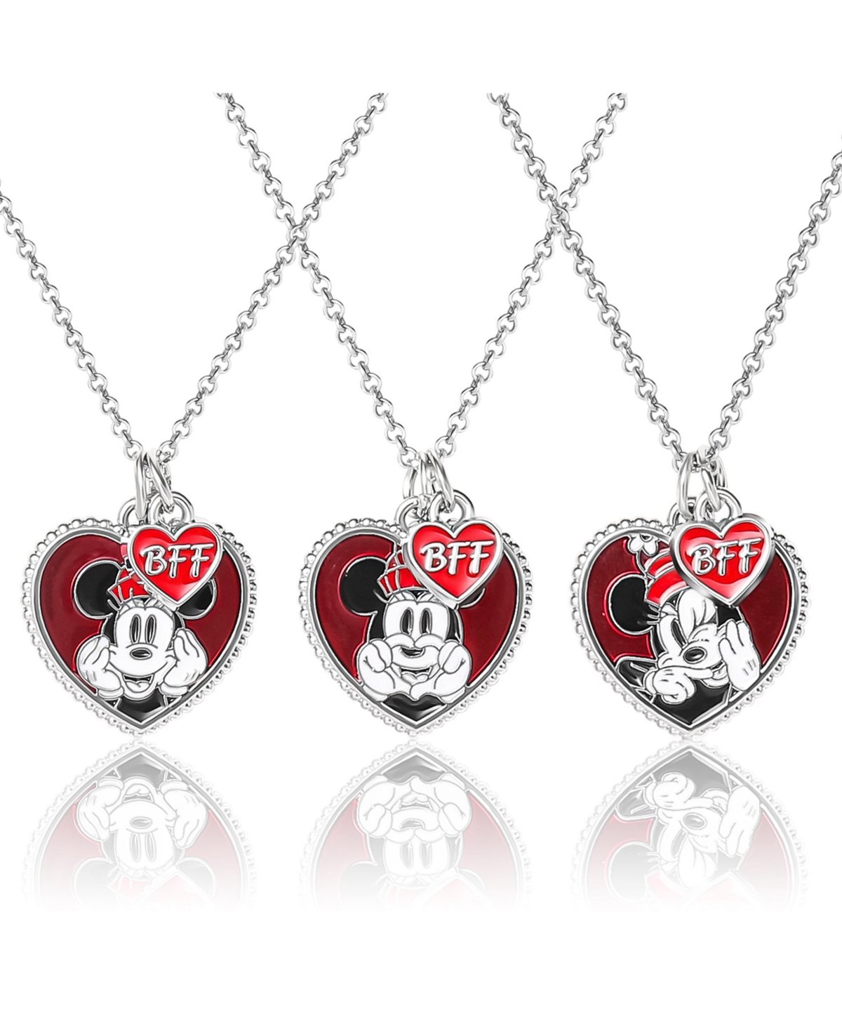 Mickey & Minnie Mouse Heart Necklace Set of 3 - Silver, red, black
