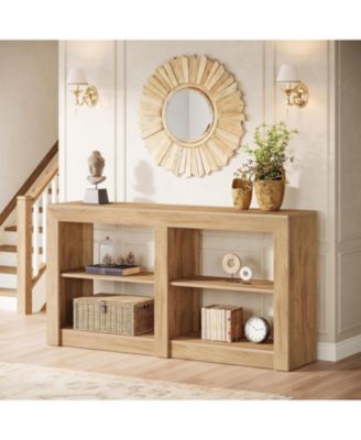 59-Inch Farmhouse Console Table, 3-Tier Entryway Table with Storage, Wood Console Behind Couch for Living Room, Hallway, Foyer, Oak