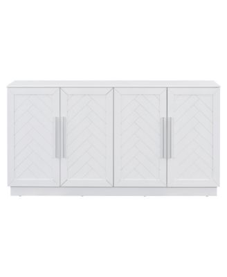 White Sideboard Cabinet with 4 Doors, Adjustable Shelves, and Silver Handles