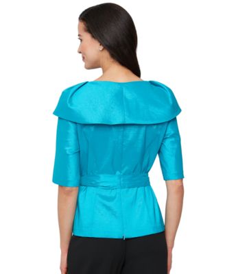 売れ筋商品|||アレックスイブニングス カットソー トップス レディース Petite Bow-Trim Short-Sleeve Taffeta Blouse Aqua Alex Evenings Petite Bow-Trim Short-Sleeve Taffeta Blouse