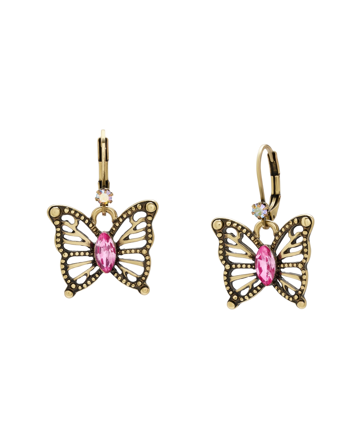 Betsey Johnson Faux Stone Boho Butterfly Openwork Drop Earrings In Gold