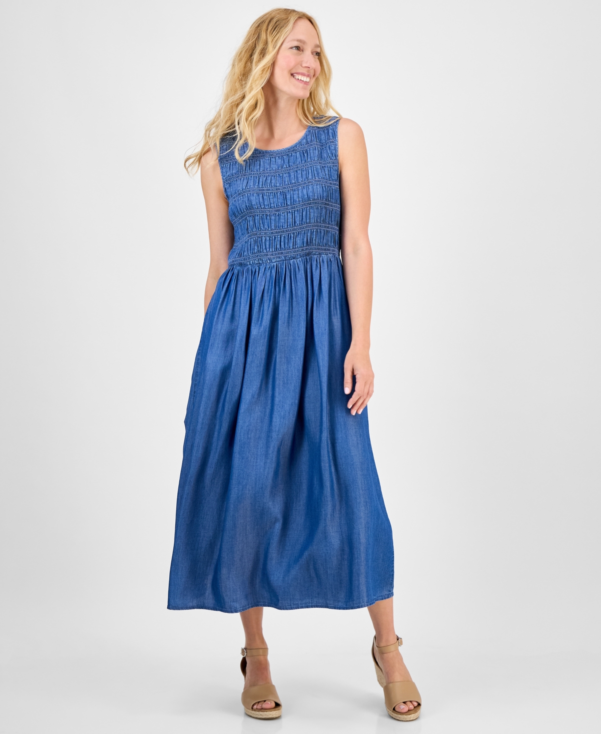 Petite Smocked Sleeveless Round-Neck Midi Dress, Exclusively at Macy's - Raven