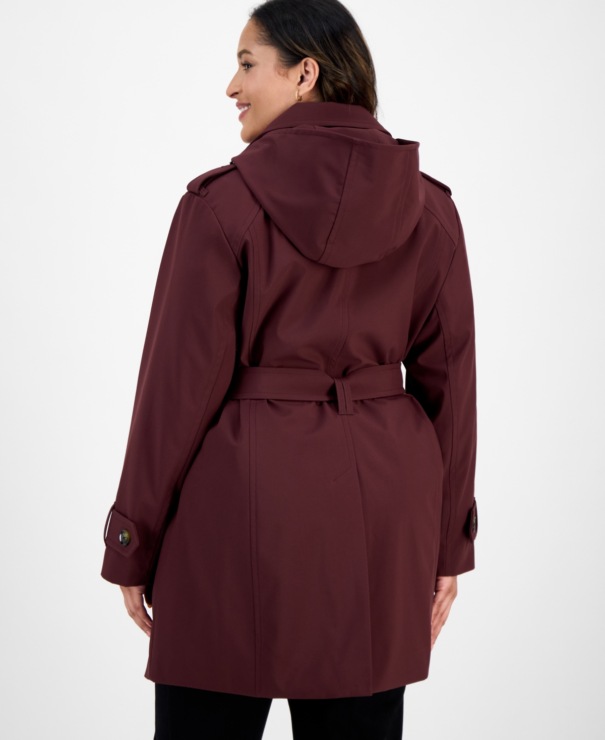 London Fog Plus Size Hooded Belted Raincoat In Burgundy