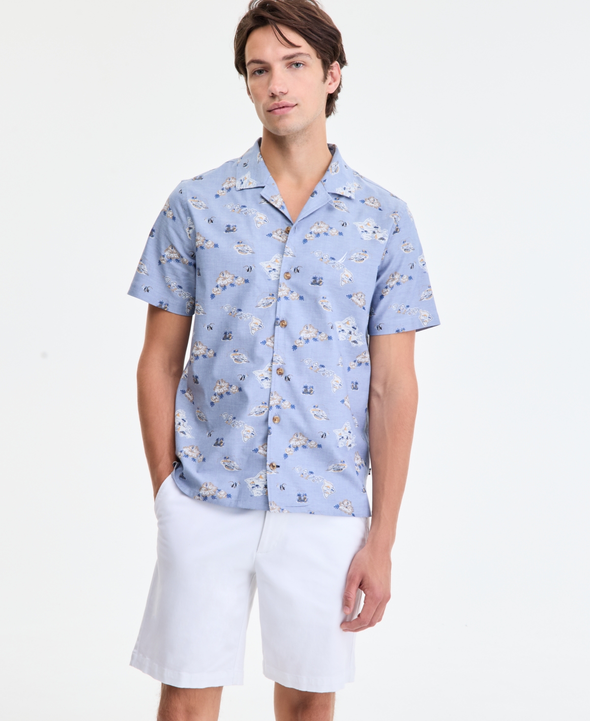 Men's Classic-Fit Printed Button-Down Camp Shirt - Moonlight Blue