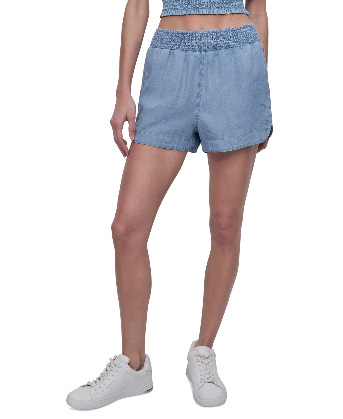 DKNY JEANS WOMEN'S CHAMBRAY HIGH RISE DOLPHIN-HEM SHORTS 