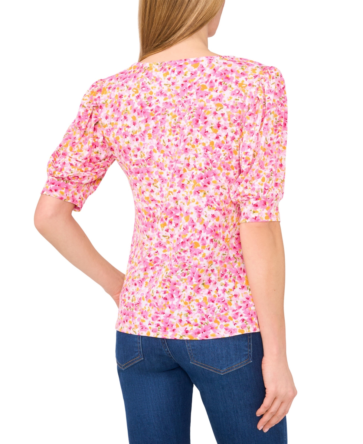 Shop Cece Women's Crew Neck Shirred Elbow Sleeve Top In Pink Multi