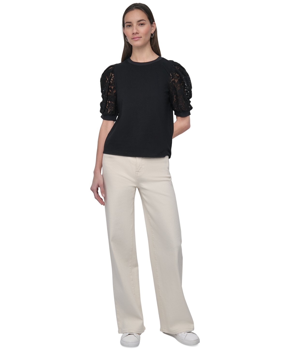 DKNY JEANS WOMEN'S MIXED MEDIA LACE-SLEEVE TOP 