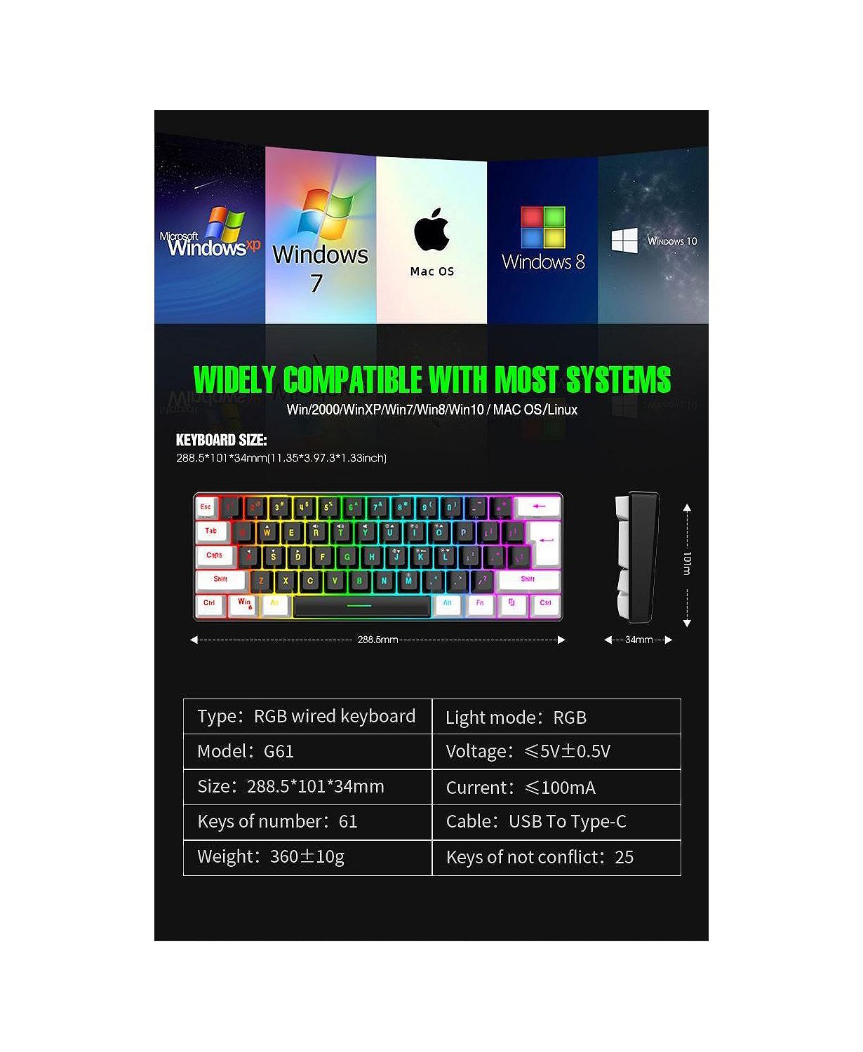 60% wired Gaming keyboard, RGB backlit ultra-small keyboard, waterproof portable, computer/MAC game keyboard (Black)