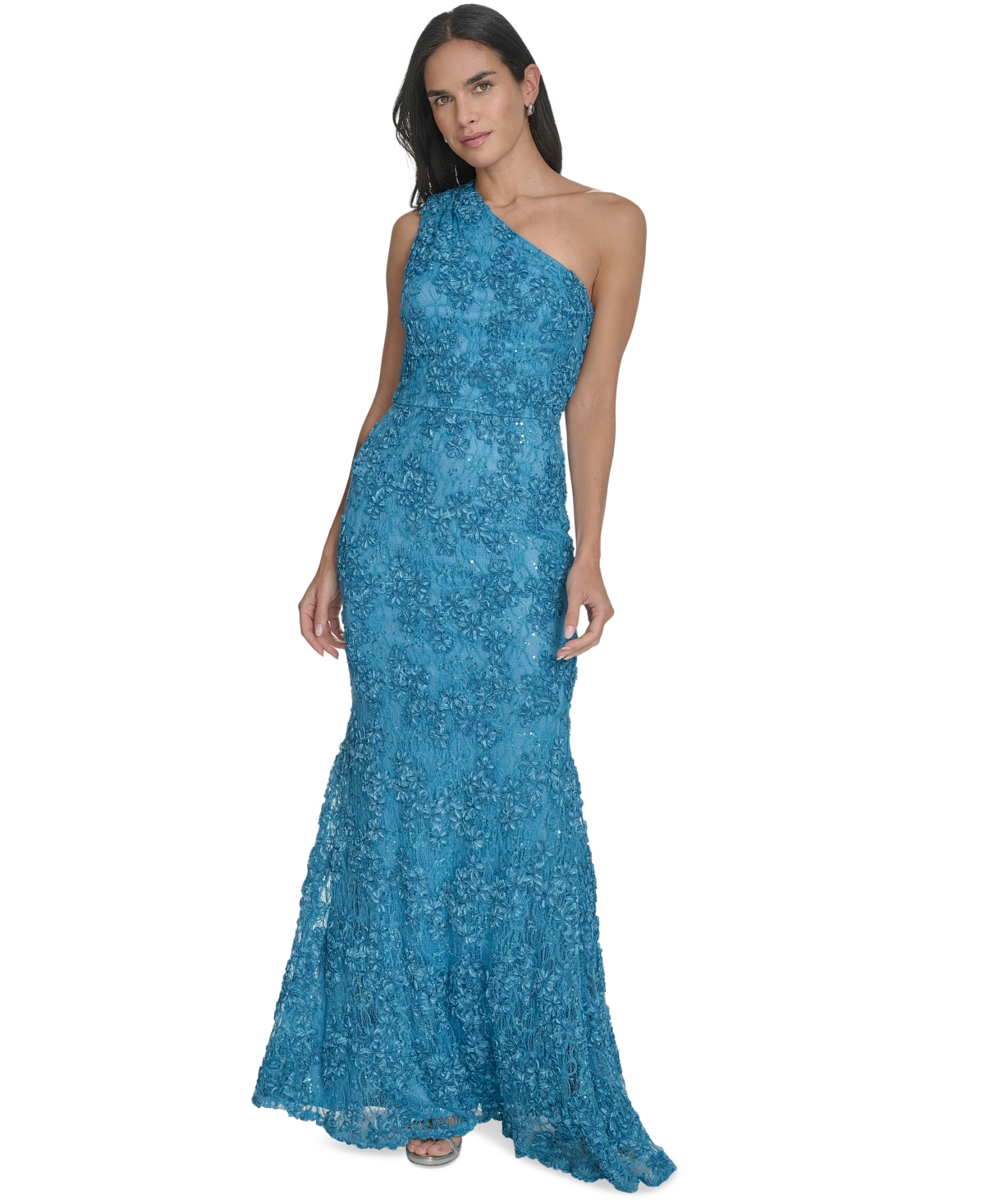 JESSICA HOWARD PETITE ONE-SHOULDER SEQUIN LACE GOWN 