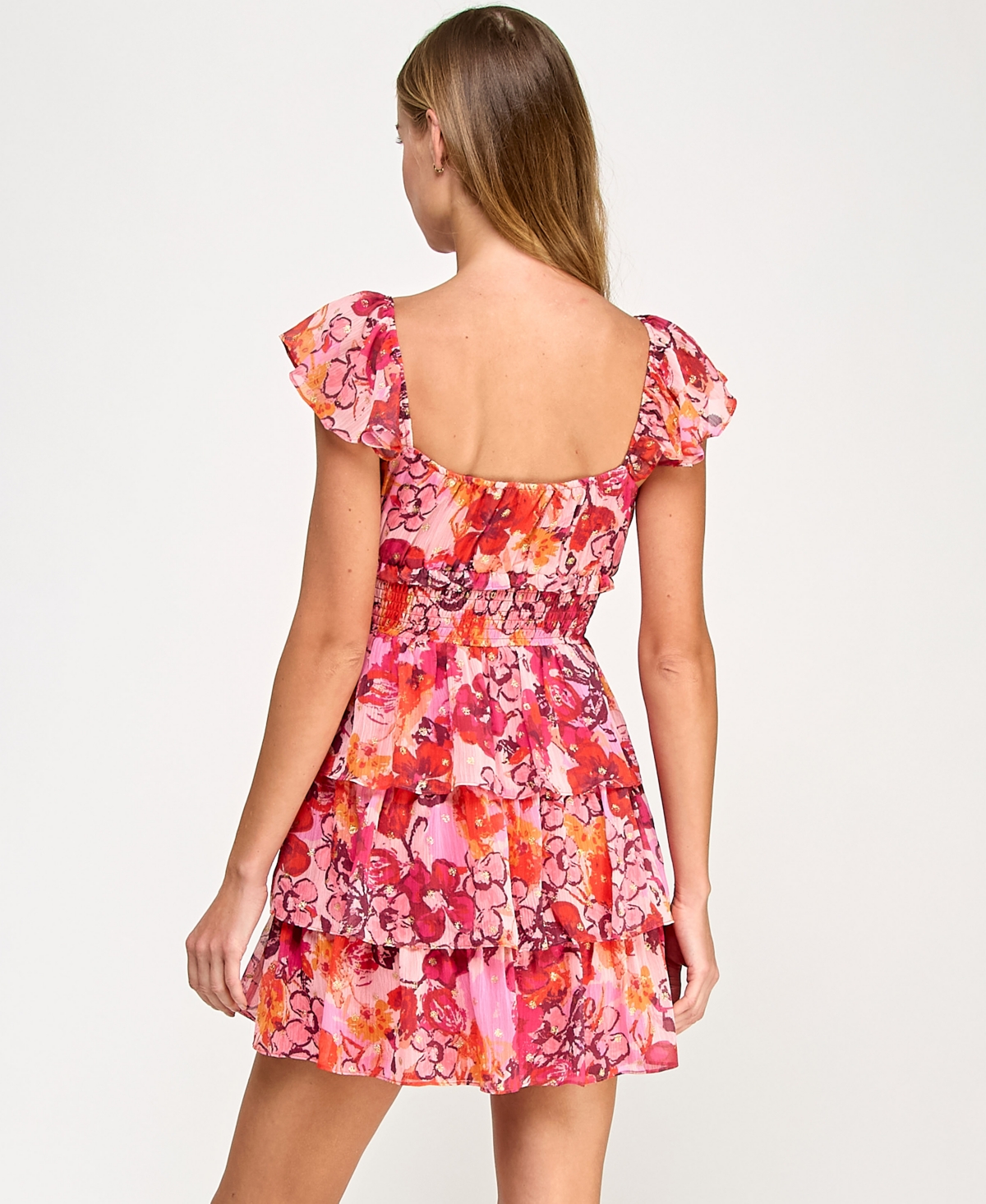 City Studios Juniors' Floral Glitter-dot Tiered Dress