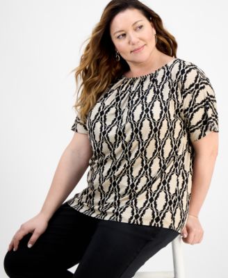 売れ筋商品|||ジェイエムコレクション カットソー トップス レディース Plus Size Printed Shirred Tee, Exclusively at Macy's Deep Black Combo JM Collection Plus Size Printed Shirred Tee, Exclusively at