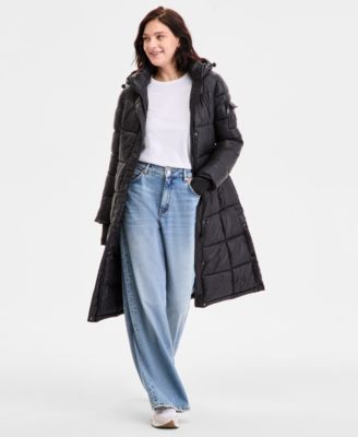 Steve Madden - Juniors' Shiny Hooded Maxi Puffer Coat