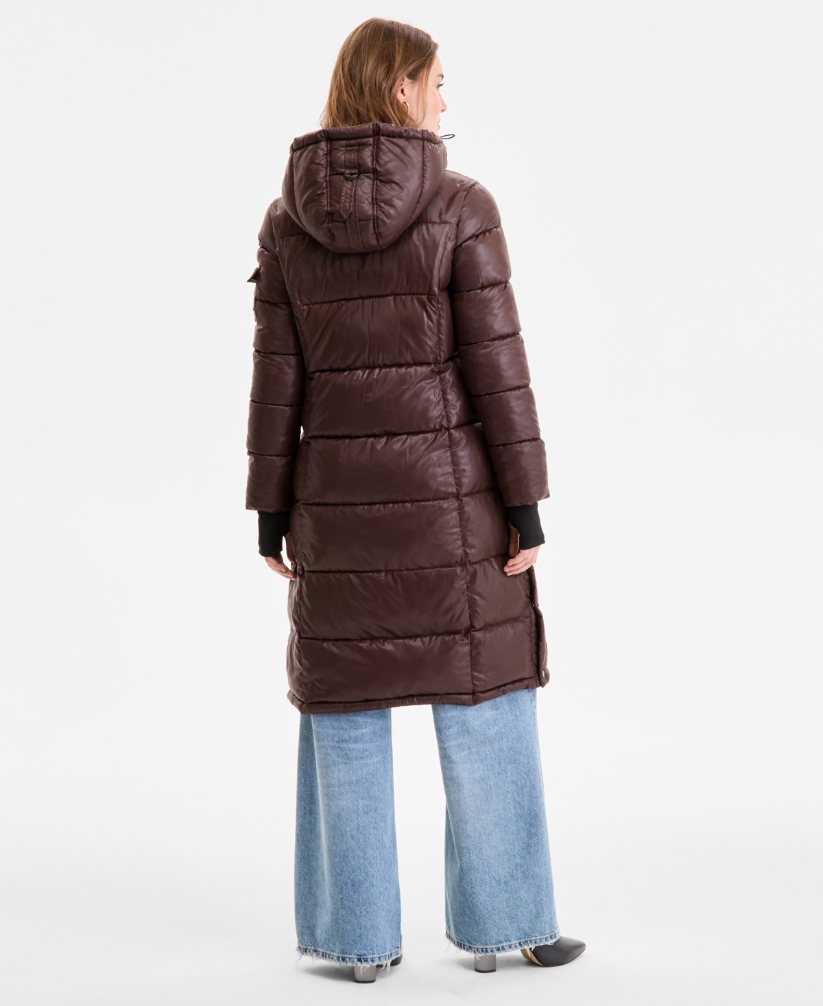 Steve Madden Women's Shiny Hooded Maxi Puffer Coat In Burgundy