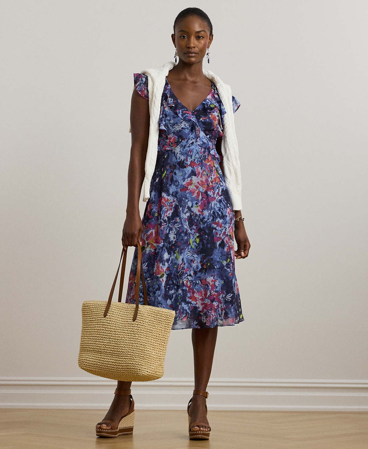 Shop Ralph Lauren Petite Print Ruffle-trim Georgette Midi Dress