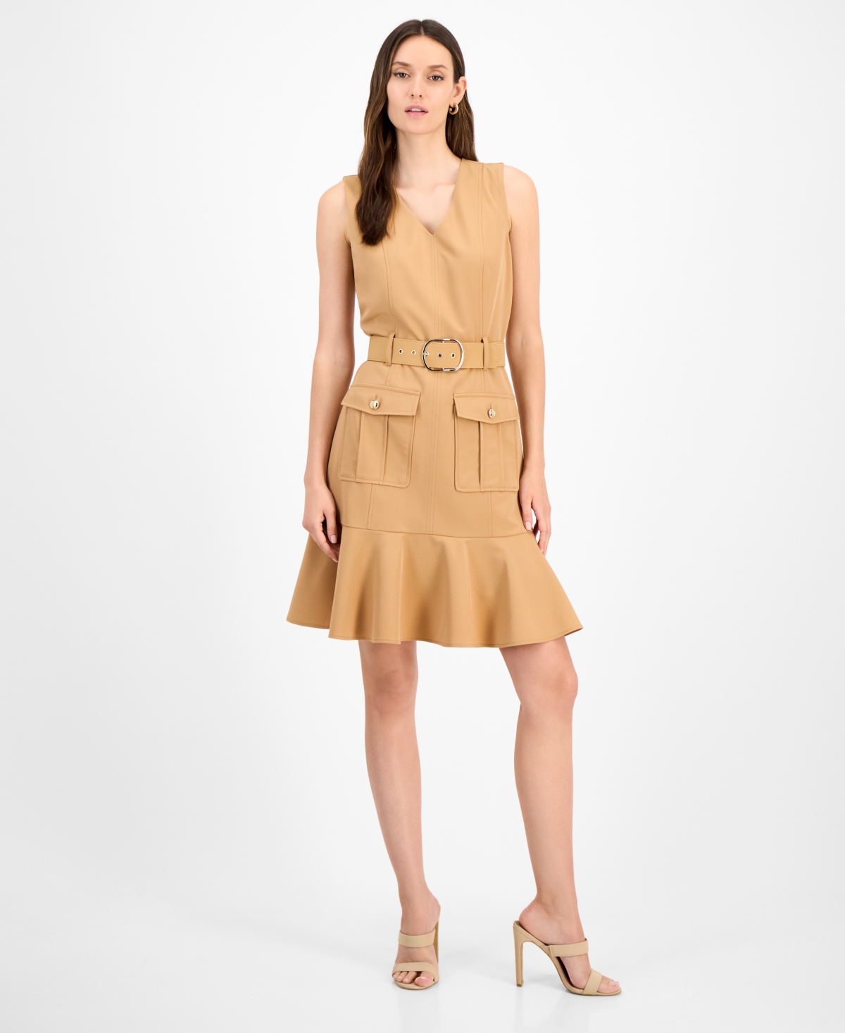 Women's Belted Sleeveless Fit & Flare Dress - Camel