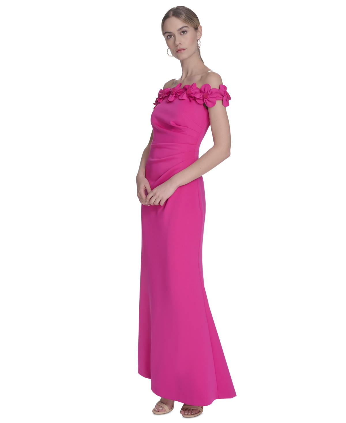 ELIZA J PETITE ROSETTE-TRIM-OFF-SHOULDER STRAPLESS GOWN 