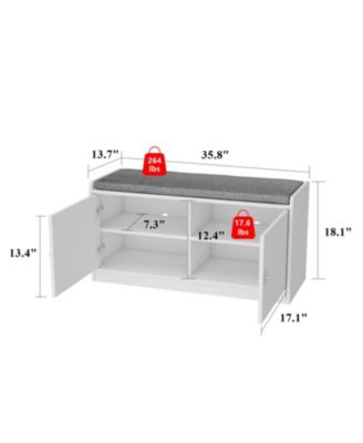 Shoe bench with movable shelves, white wooden shoe rack with two doors and four storage compartments, Entryway Bench