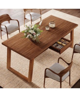 55-Inch Dining Table with Storage Drawer for Dining Room, Rectangular Modern Dinner Kitchen Table with Solid Wood Legs for 4-6 People