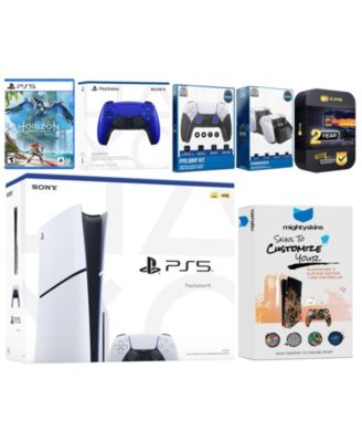 Playstation 5 Slim Disc with Horizon Forbidden West, Extra Volcanic Red Controller, FPS Grip Kit, Charge Dock and MightySkins Decal Voucher + 2 Y