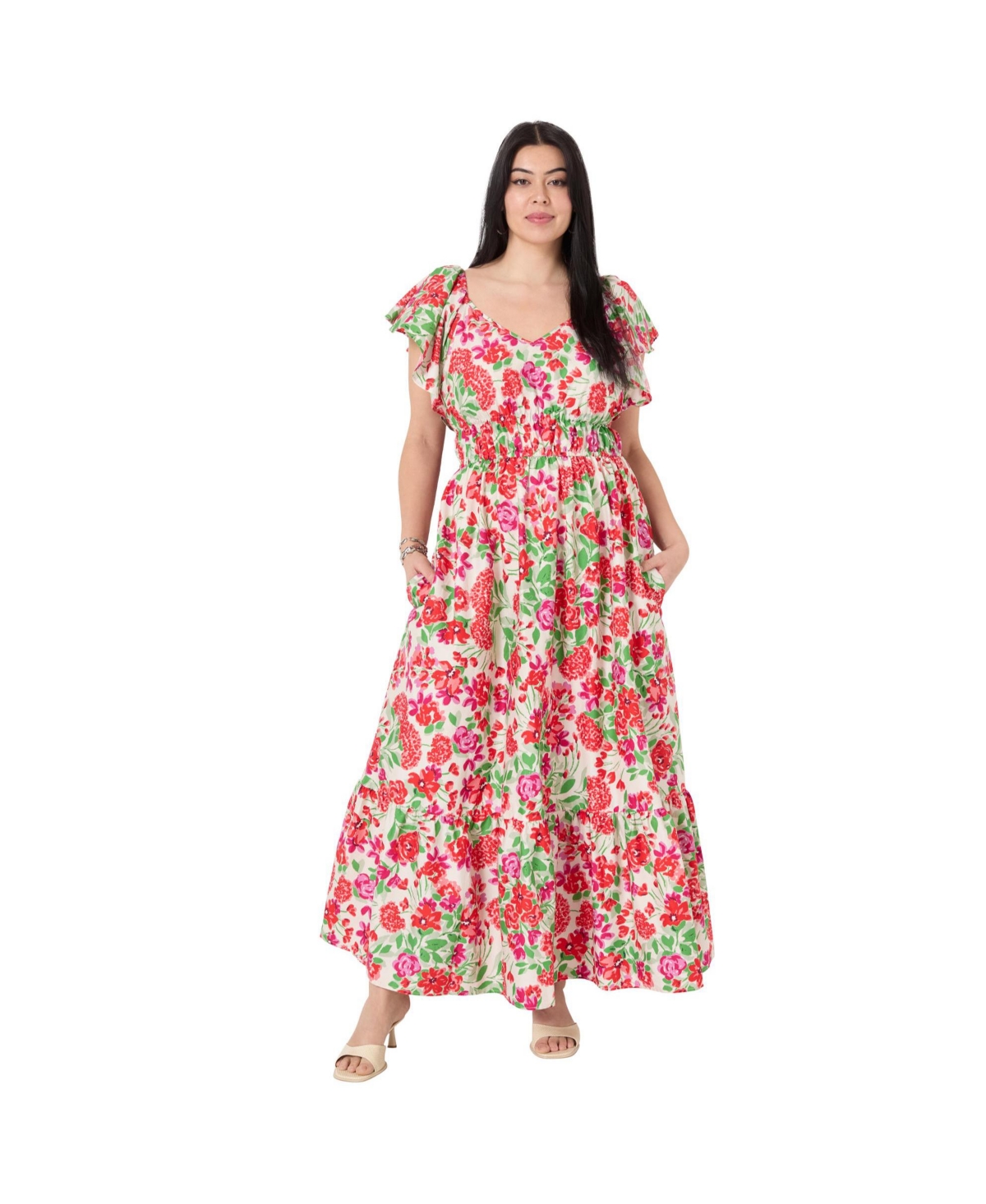 Plus Size June + Vie Smocked Poplin Maxi Dress - Garden red