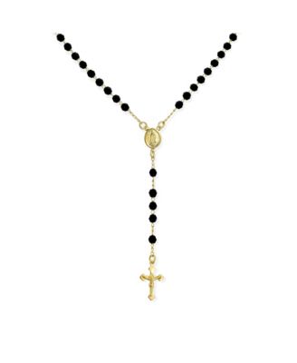 Religious Black Bead Rosary Necklace with Virgin Mary and Crucifix Cross Gold Plated