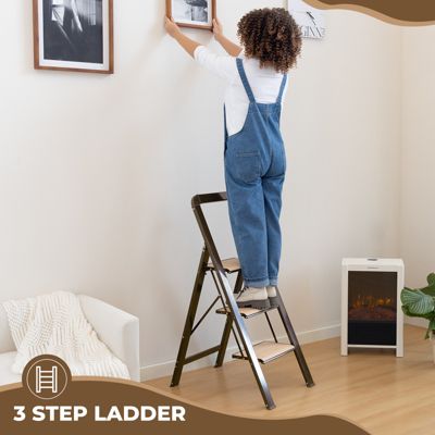 3 Step Folding Ladder with Handrails and Tool Tray 330 lb Capacity Steel Frame Step Stool