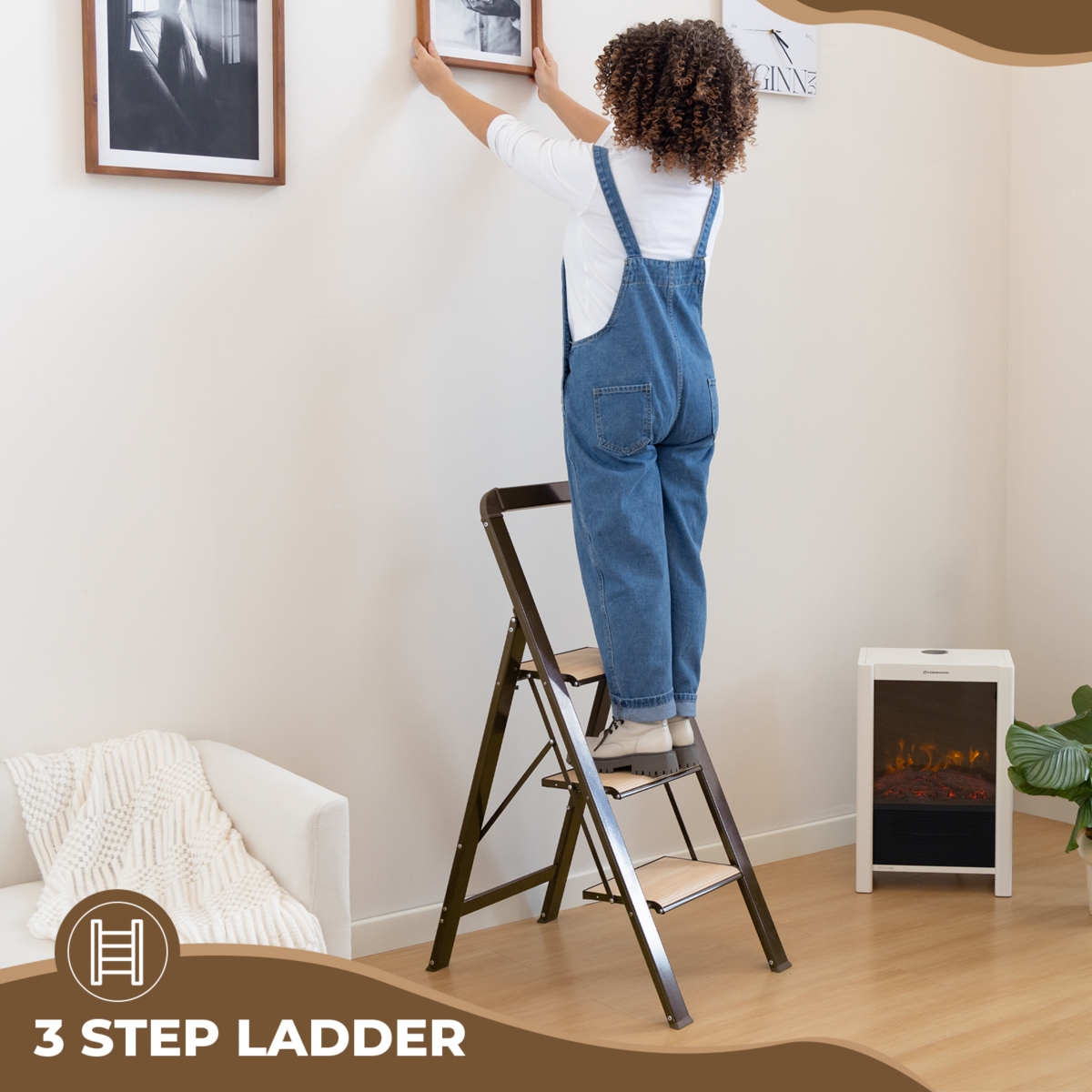 3 Step Ladder Folding Step Stool for Adults with Wide Anti-Slip Pedal, Aluminium Lightweight Foldable Step Ladders
