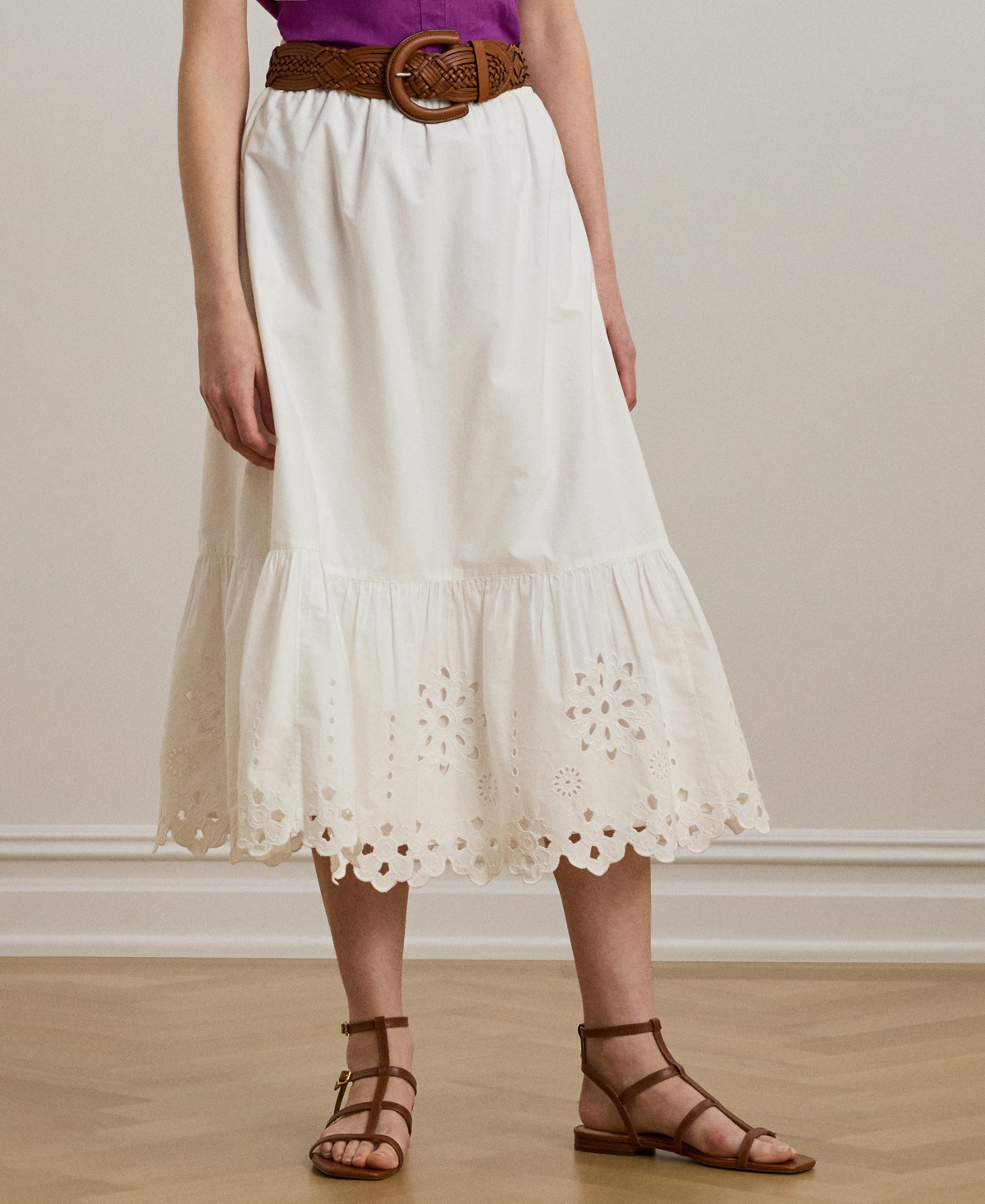 RALPH LAUREN WOMEN'S EYELET COTTON BROADCLOTH MIDI SKIRT 