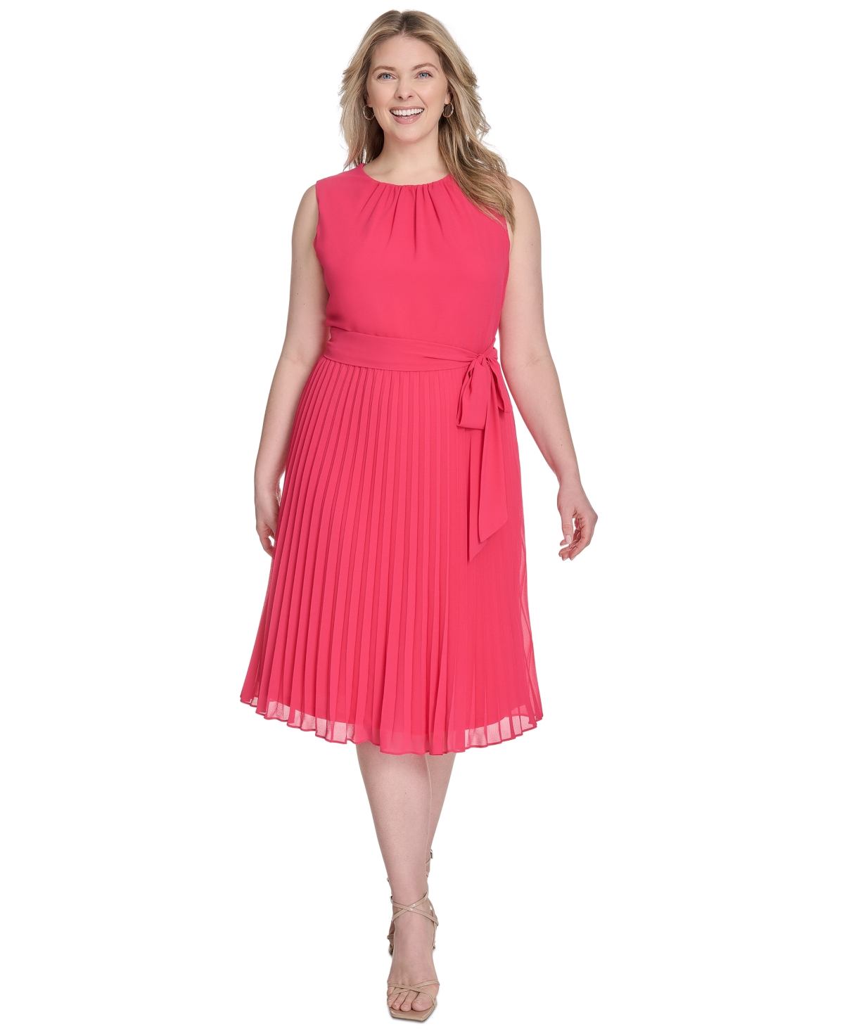 Plus Size Belted Pleated Midi Dress - Raspberry