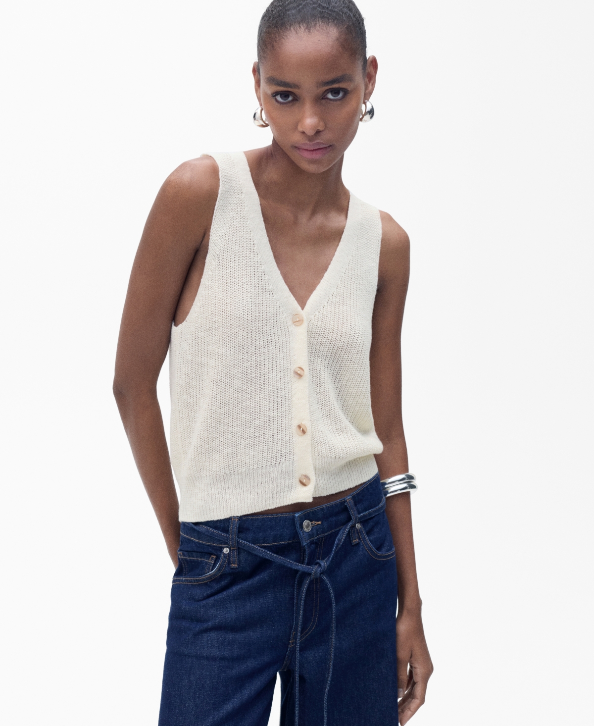 Shop Mango Women's Buttoned Chunky Knit Sweater Vest In Ecru