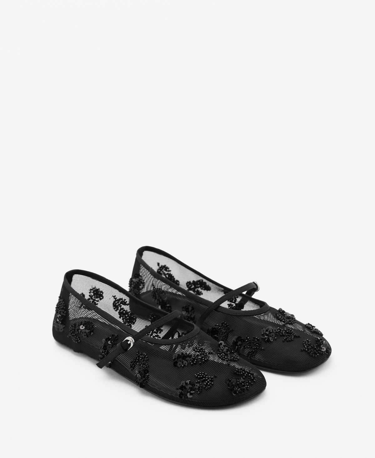 Shop Mango Women's Strap Buckle Embroidered Ballerinas Shoes In Black