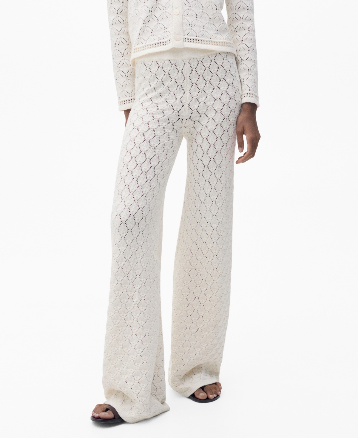 Women's Straight Openwork Knit Pants - Ecru