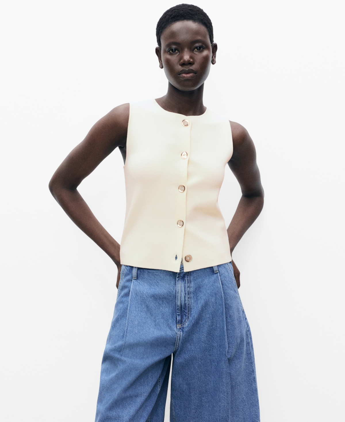 Mango Fine Knit Vest In Ecru