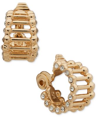 Anne Klein - Gold-Tone Small Pav&eacute; Open Ribbed Clip-On Hoop Earrings, 0.6"