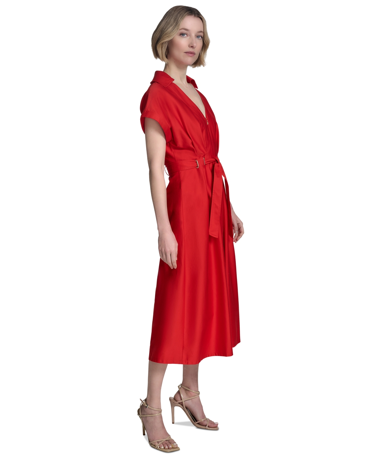HALSTON WOMEN'S ZIP-FRONT CUFFED-SLEEVE MIDI DRESS 