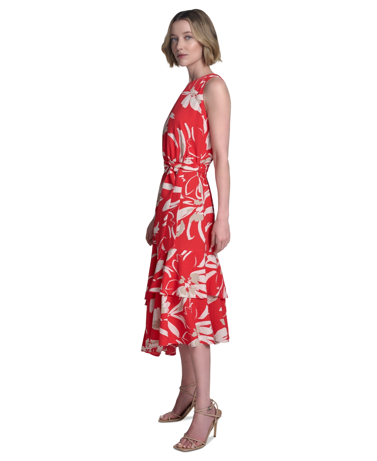 HALSTON WOMEN'S BELTED TIERED ASYMMETRIC-HEM DRESS 