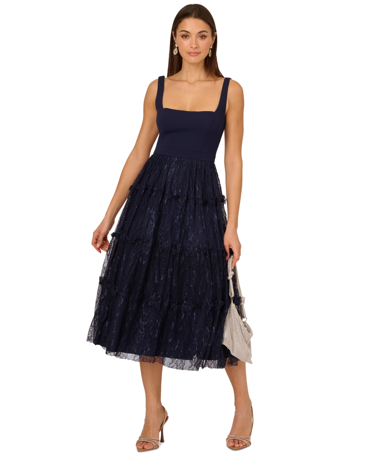 by Adrianna Papell Women's Crepe and Lace Midi Dress - Navy